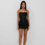 Sequin Velvet Skirt Strapless Crop Black Suit
